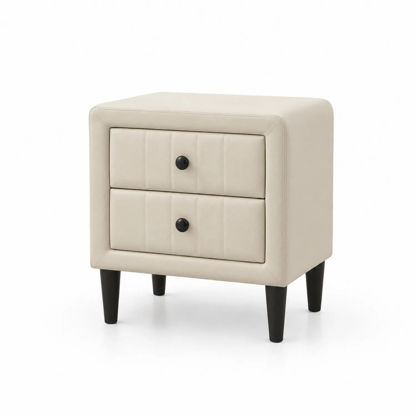 Mesita de Noche con 2 Cajones de Madera y Cuero Sintético Beige