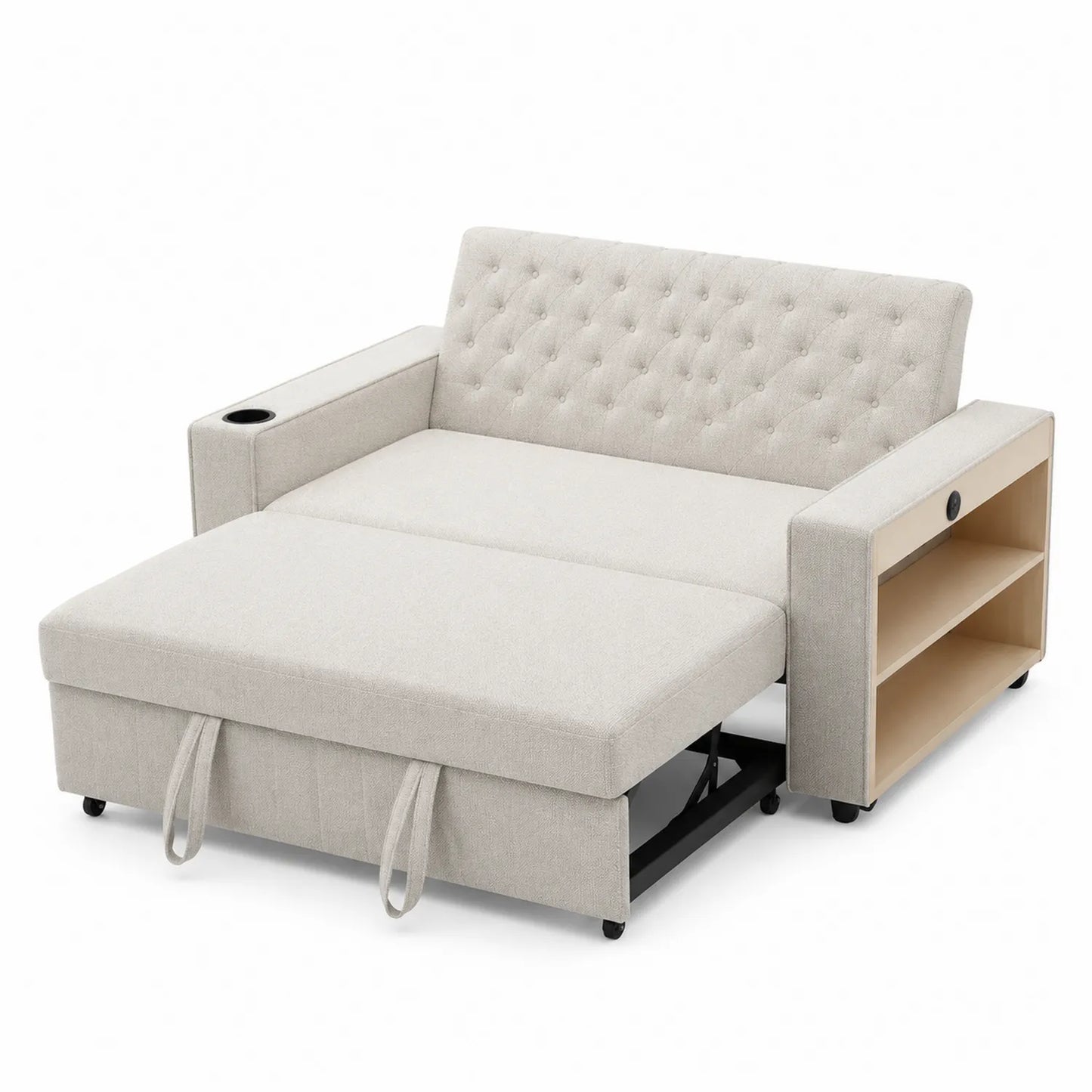 Sofá cama de tela beige con almacenamiento y portavasos