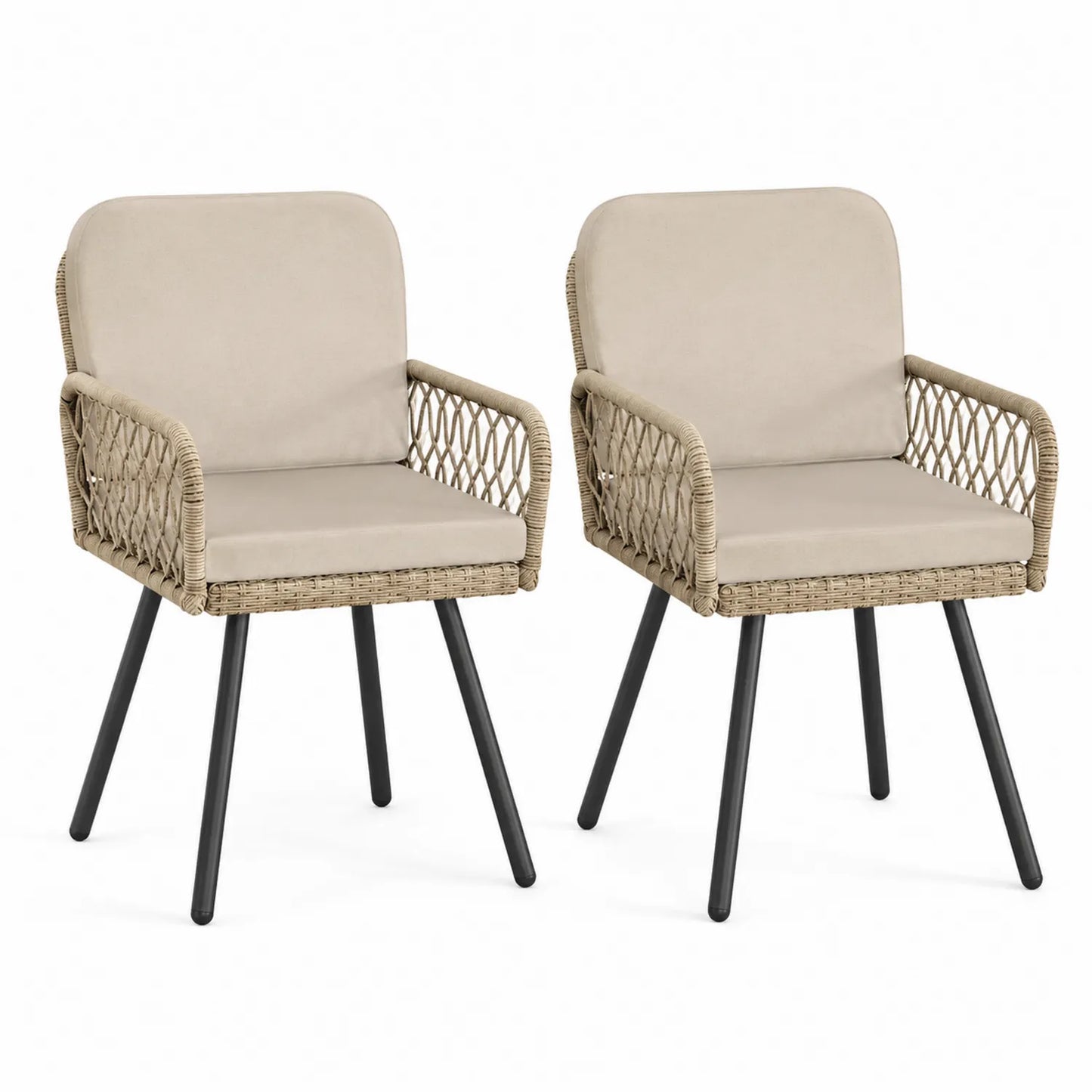 Set de 2 sillas de comedor con reposabrazos de cuerda sintética beige y patas de metal negras