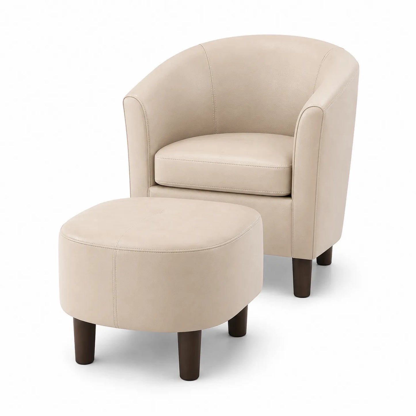 Conjunto de Sillón y Reposapiés de Cuero Sintético Beige con Patas de Madera