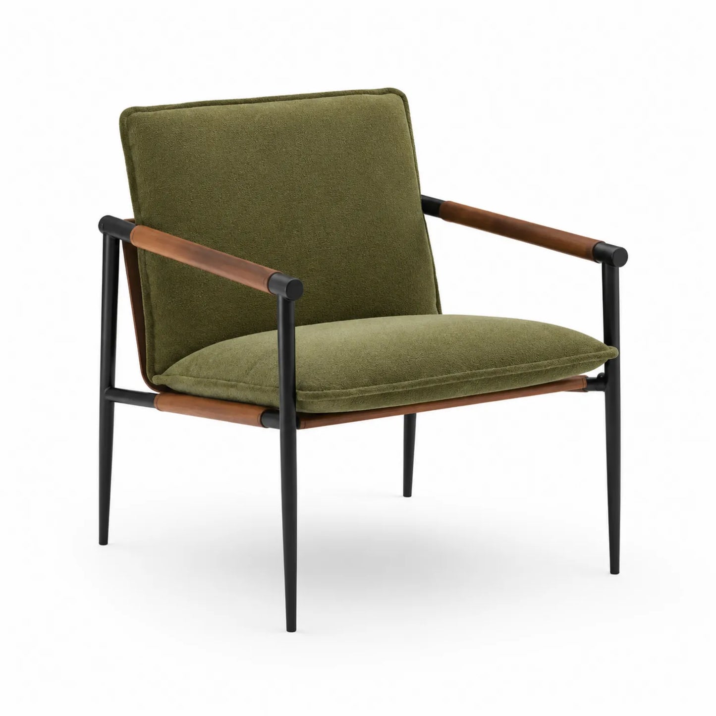 Silla de metal con cojín de tela verde y reposabrazos de madera