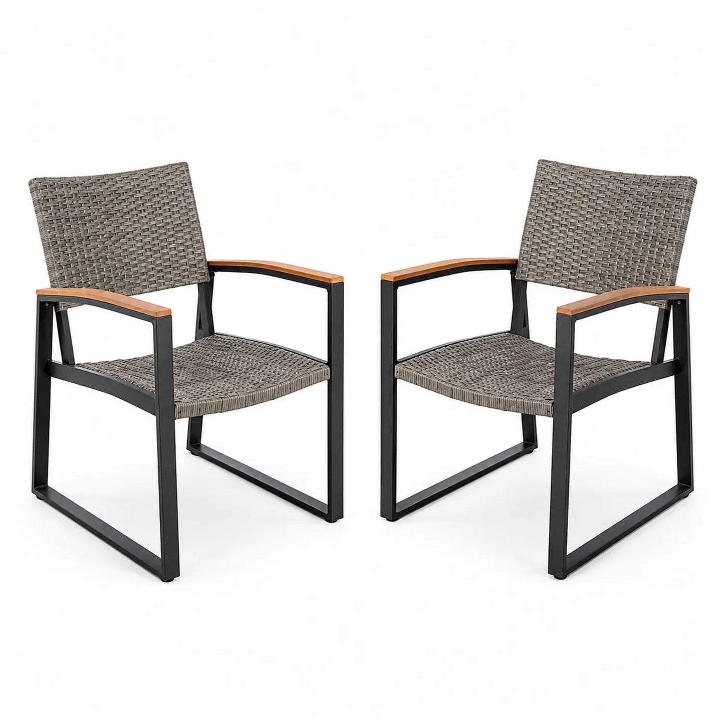 Set de 2 Sillas de Exterior de Aluminio y Ratán Sintético con Reposabrazos de Madera Gris