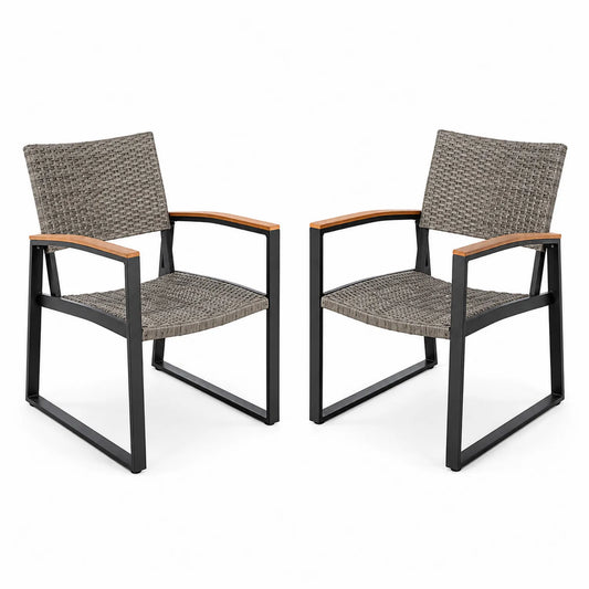 Set de 2 Sillas de Exterior de Aluminio y Ratán Sintético con Reposabrazos de Madera Gris