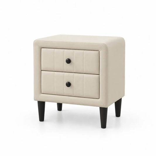 Mesita de Noche con 2 Cajones de Madera y Cuero Sintético Beige