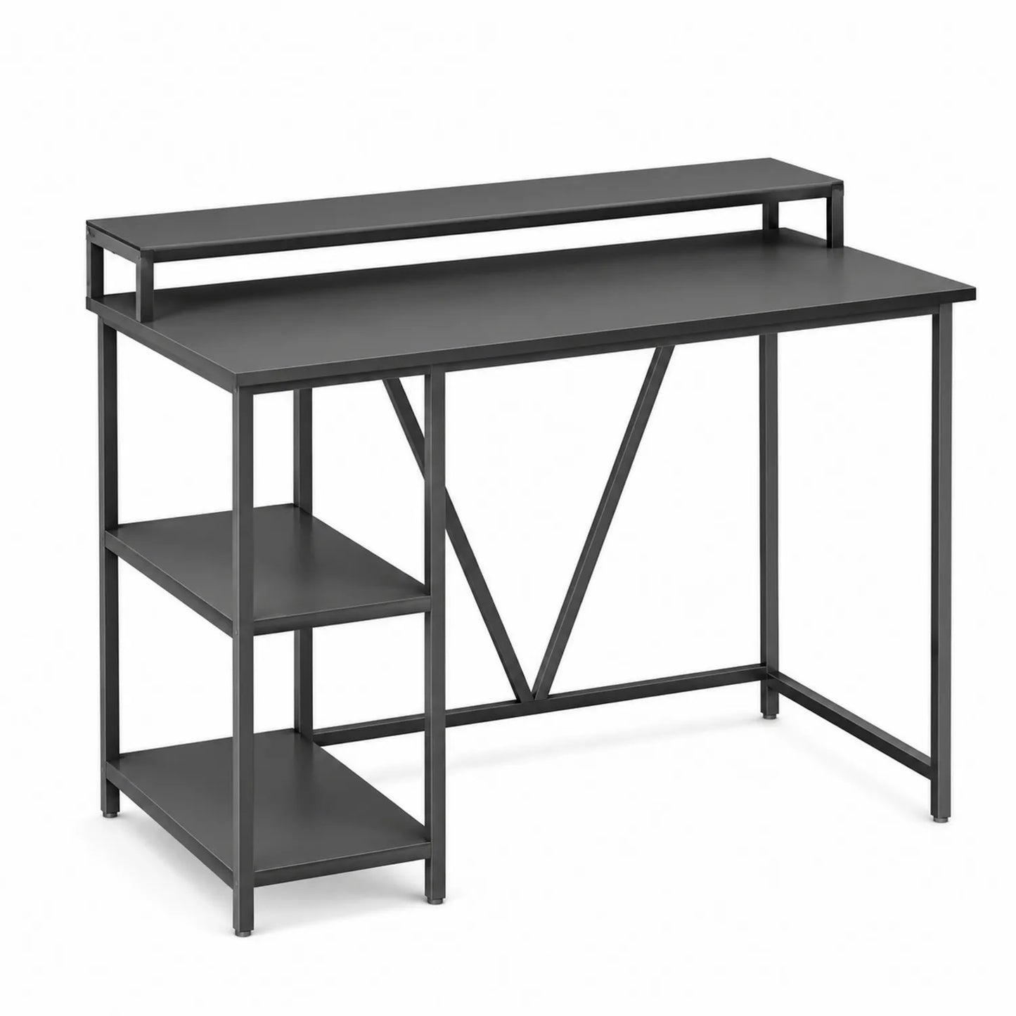 Escritorio de metal con estanterías negras