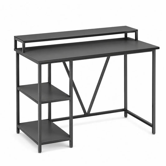 Escritorio de metal con estanterías negras